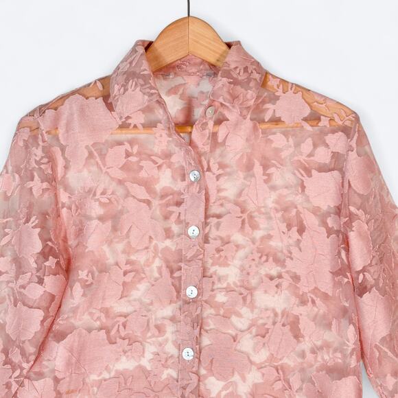 Pale Pink Sheer Floral Mother of Pearl‎ Shell Button Blouse Women's M 3/4 Sleeve - Picture 3 of 7
